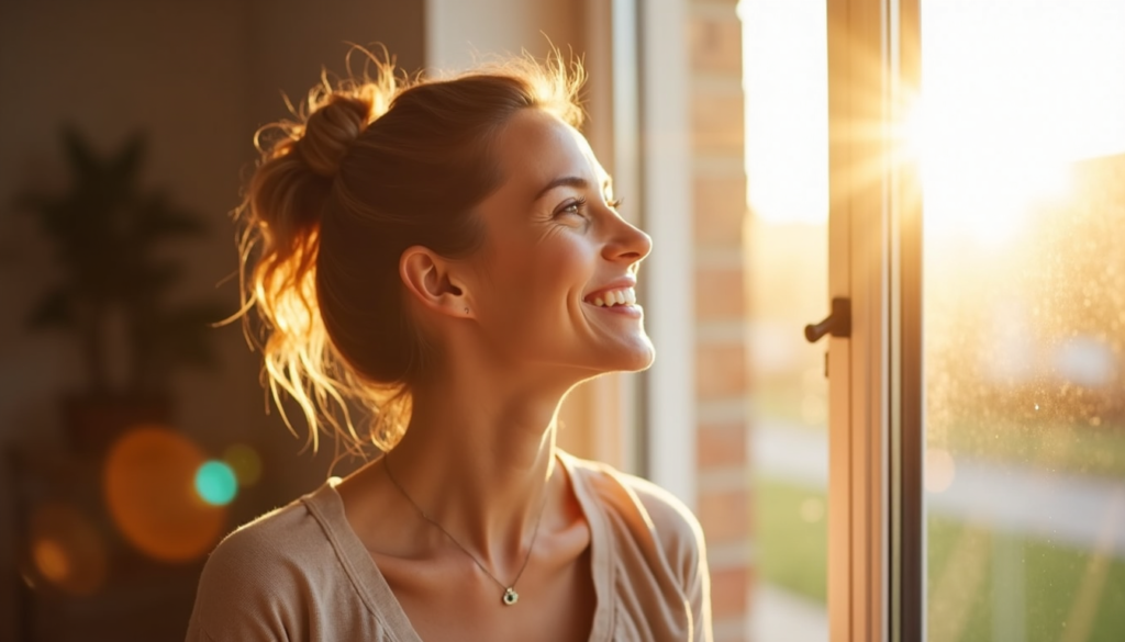 Smiling person looking toward light as a metaphor for positive thinking