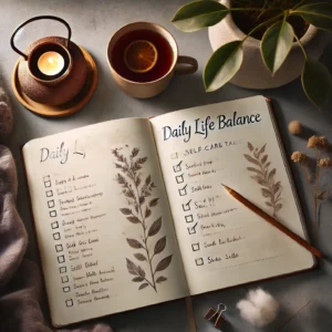 A serene workspace with a journal open to 'Daily Life Balance,' a checklist of self-care tasks, a cup of tea, and a peaceful plant, creating a calming and organized atmosphere.
