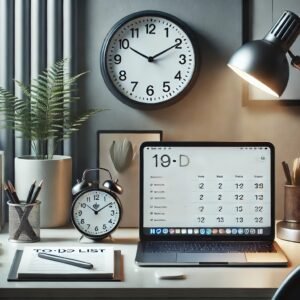 A modern workspace with a clock, a to-do list, and a laptop displaying a productivity app, symbolizing efficient time management and focus.