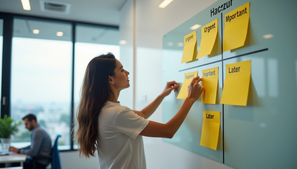 Person organizing tasks using Eisenhower Matrix for prioritization