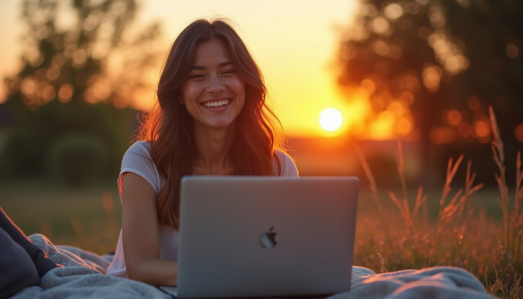 Person closing laptop at sunset feeling accomplished after managing time effectively