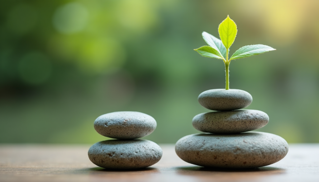 Balanced stones and plant symbolizing harmony between growth and stability