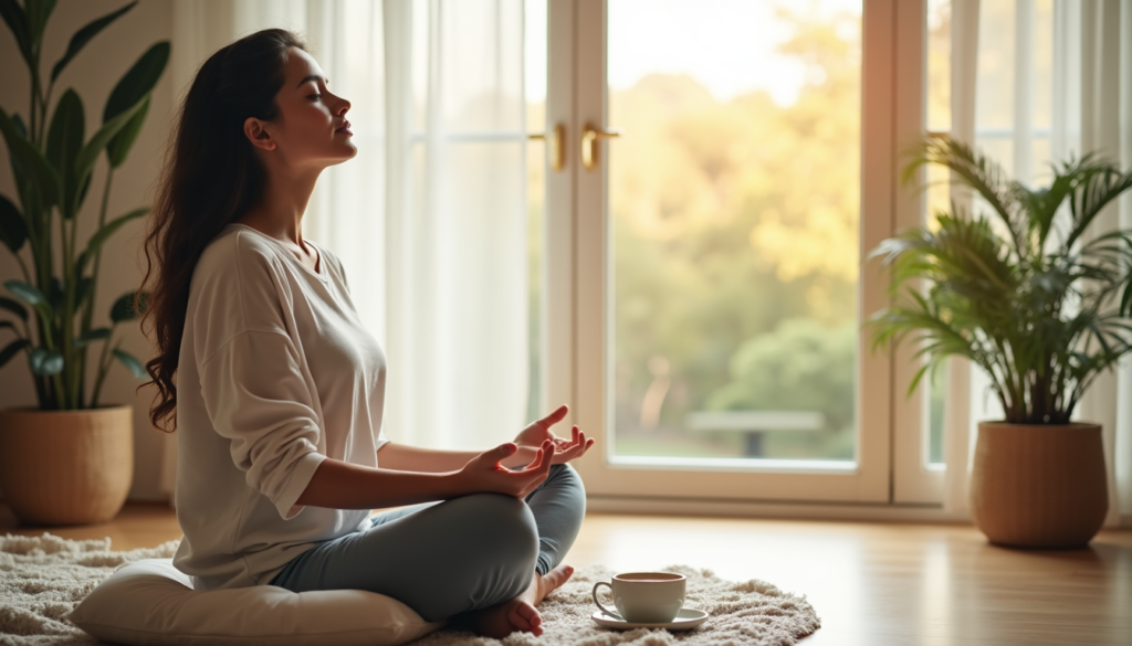 Individual practicing mindfulness at home to manage stress