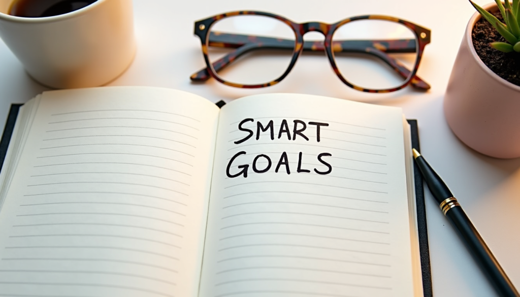 Notebook showing SMART goals for balanced productivity