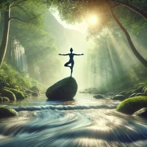 A person balancing on a rock in a flowing river, surrounded by sunlight and trees, symbolizing stability in daily life