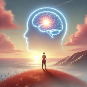 A person standing on a hill at sunrise, symbolizing mental clarity, freedom, and overcoming negative thoughts.