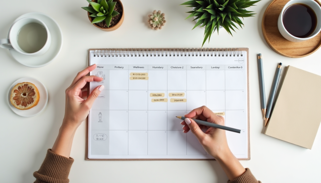 Planner showing scheduled breaks and rest times for balanced routine