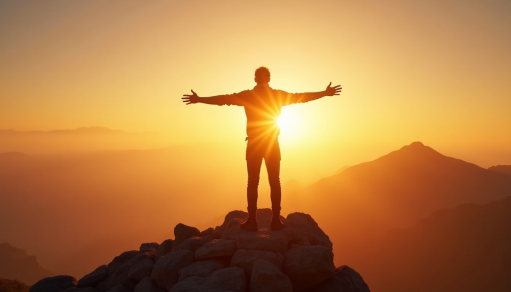 Person standing on mountaintop at sunrise symbolizing energy, focus, and success