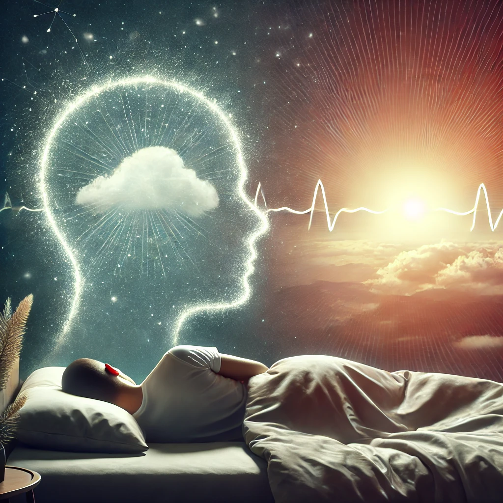 A person sleeping peacefully on a bed, with a glowing outline of a head symbolizing mental clarity and renewal, representing the power of rest for success.
