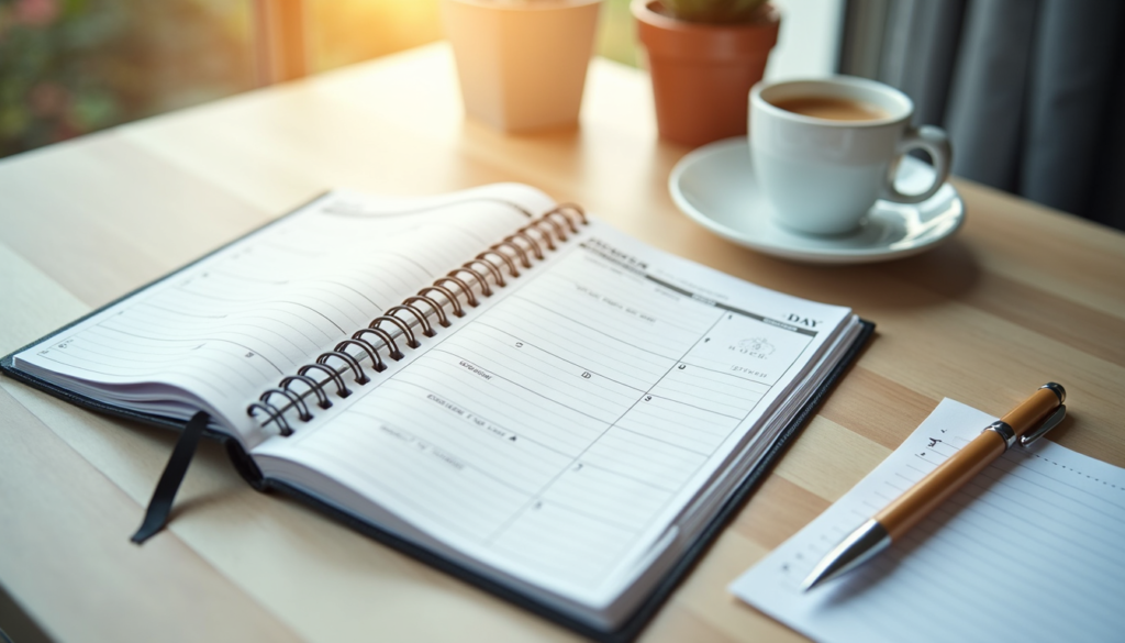 Planner and coffee cup on a desk symbolizing effective time management
