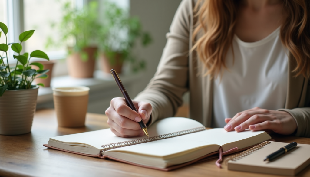 Person organizing a daily routine in a journal for better balance