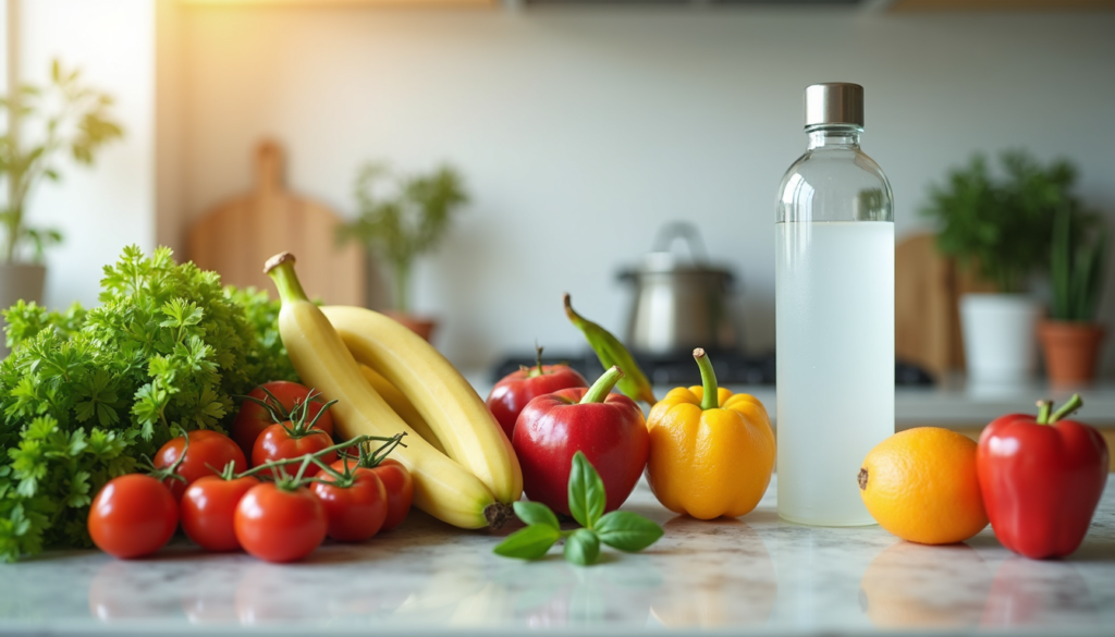 Fresh fruits and vegetables arranged for a healthy balanced diet