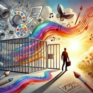A person stepping out of a cage made of rules, walking toward a colorful path filled with creativity and sunlight, symbolizing freedom from perfectionism