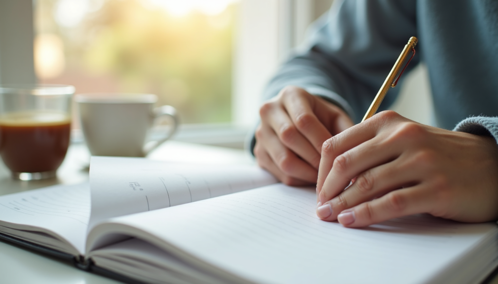 Person journaling realistic goals in notebook, symbolizing progress and self-reflection