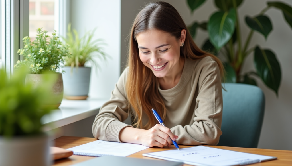 Person happily working in calm environment, representing balanced productivity