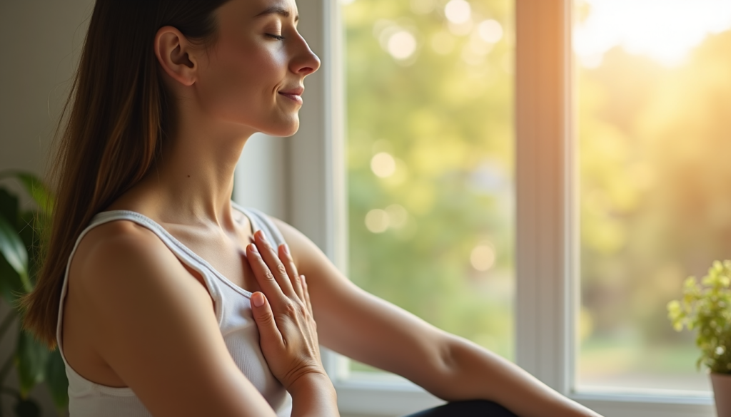 Person sitting calmly with hand over heart, symbolizing body awareness and self-connection