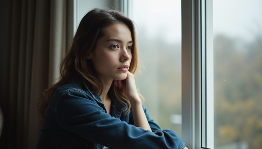 Person reflecting near window, representing mood swings, anxiety, and emotional burnout