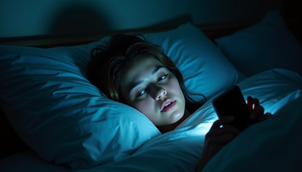 Person awake at night with phone glow, symbolizing poor sleep habits and lifestyle imbalance