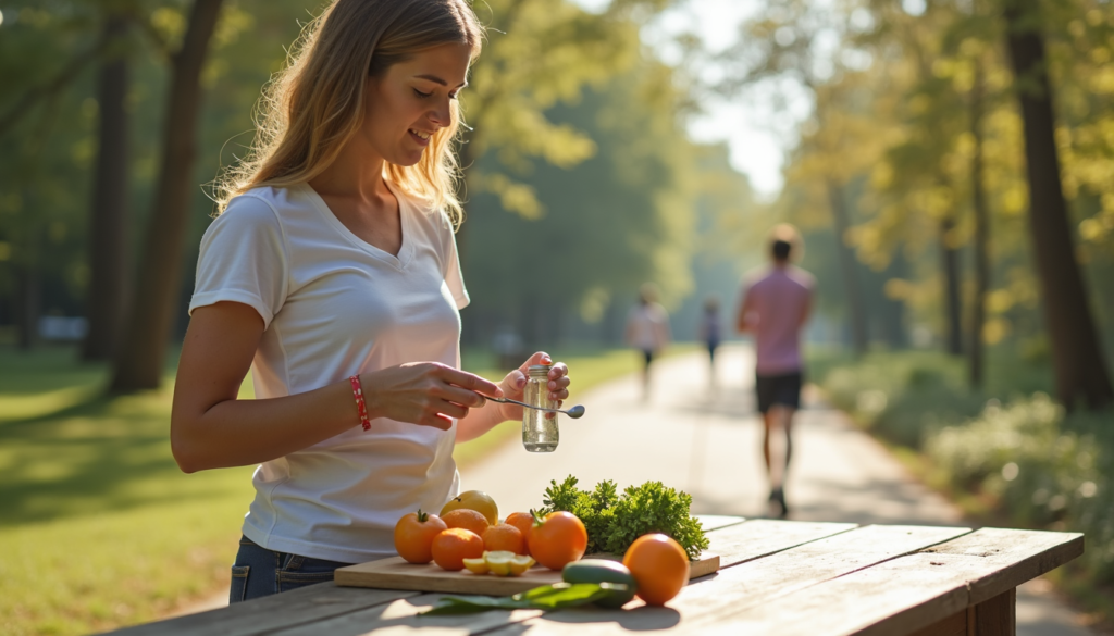 Person enjoying balanced routine through nutrition, hydration, and activity