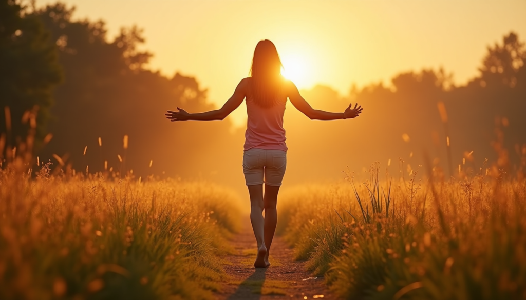 Person walking barefoot on grass at sunrise, symbolizing connection and inner harmony