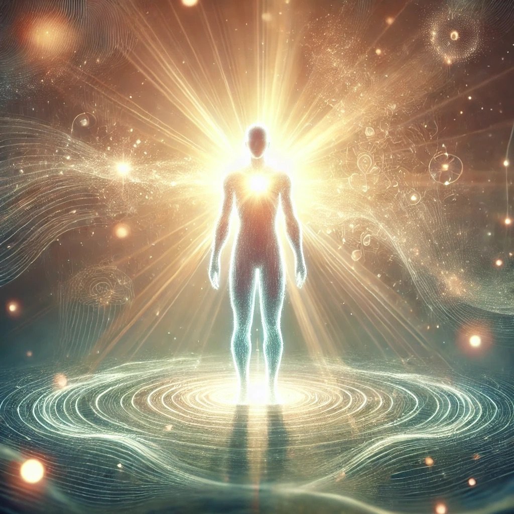 A glowing human figure standing in radiant light, surrounded by energy waves, symbolizing personal energy, protection, and restored vitality