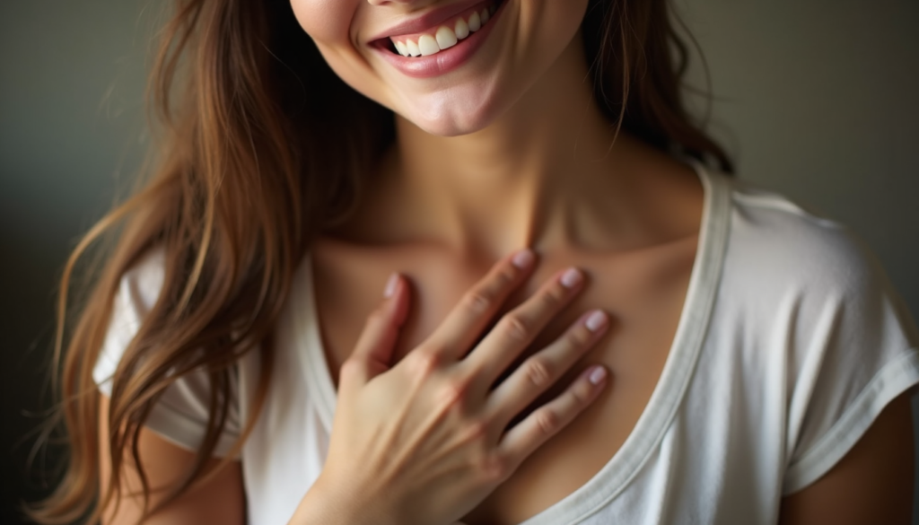 Person smiling with hand on chest, symbolizing self-compassion and emotional healing