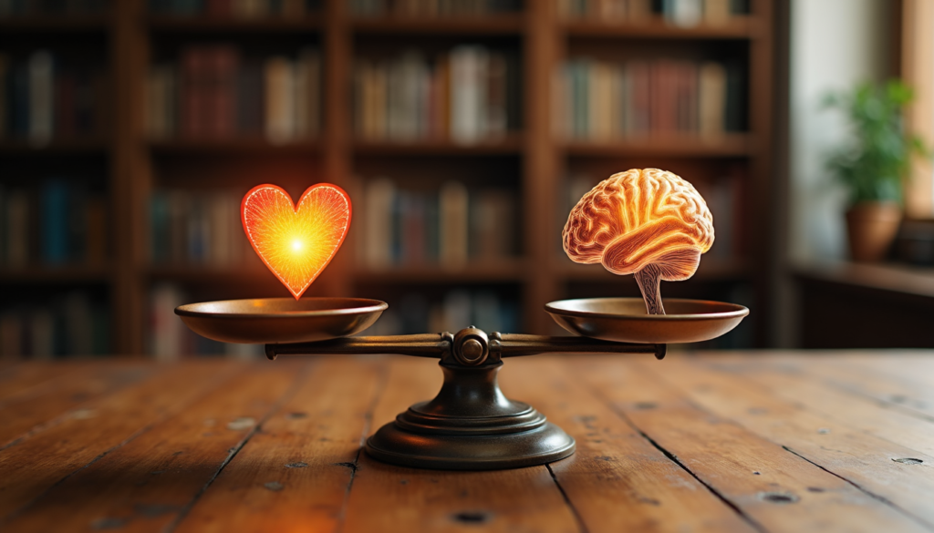 Balance scale with heart and brain symbols representing the equilibrium between emotion and logic in decisions