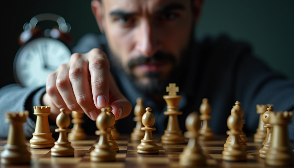 Chess player making strategic move under time pressure representing calm decision-making in stressful situations