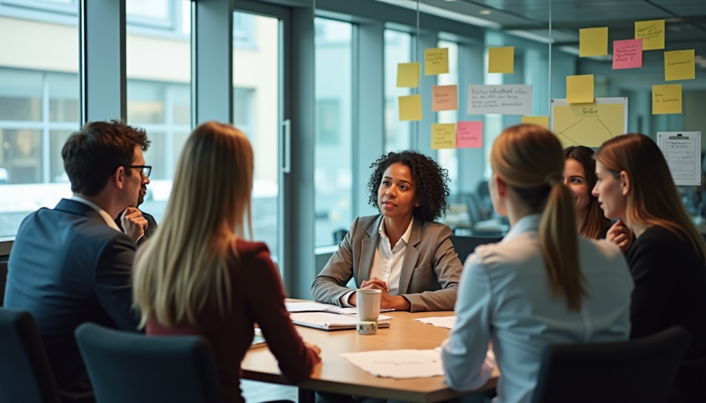 Diverse team collaborating in meeting room representing healthy debate and avoiding groupthink in workplace decisions