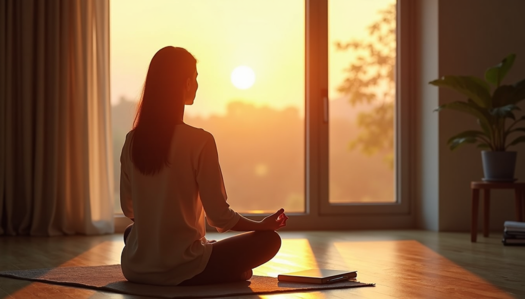 Person meditating at sunrise with journal representing daily mindfulness practices for decision awareness