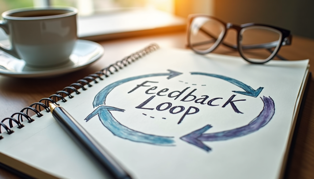 Feedback loop diagram in notebook representing continuous improvement in decision-making systems