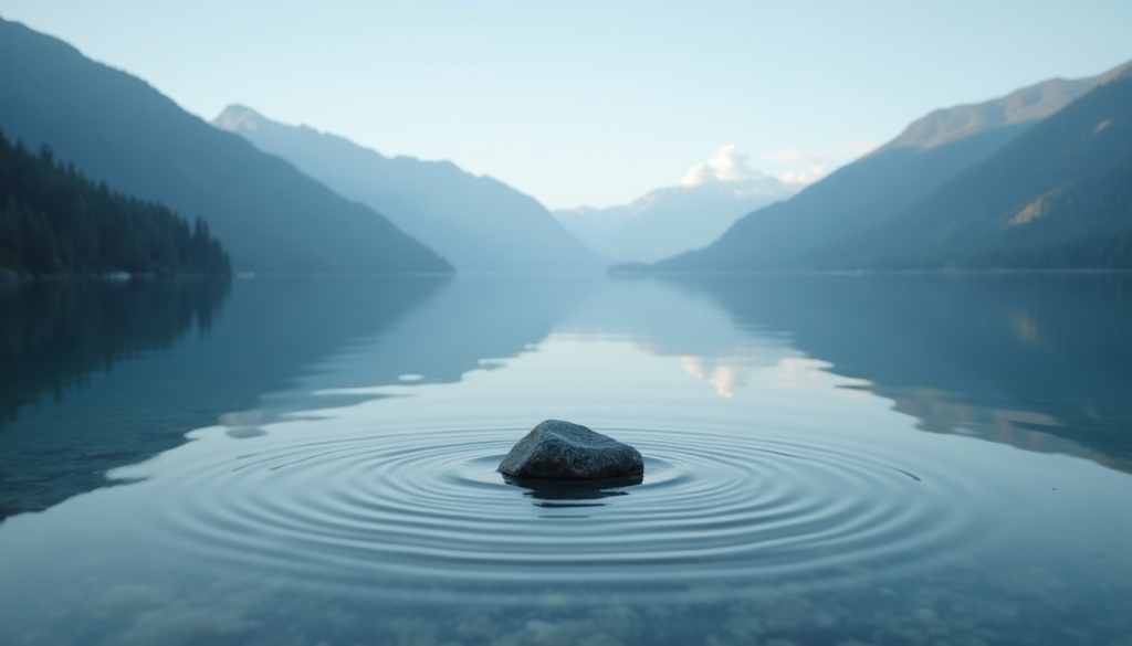 Single stone creating ripples in calm lake water representing emotional control and stability