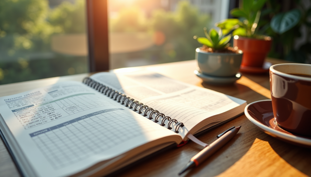 Journal with habit tracker and growing plant representing consistent daily practices for building inner strength