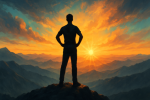 A person standing tall on a mountain peak at sunrise, symbolizing inner strength and personal growth.