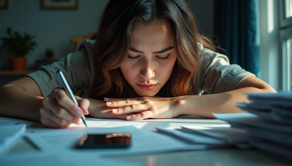Overwhelmed person at cluttered desk with phone notifications glowing