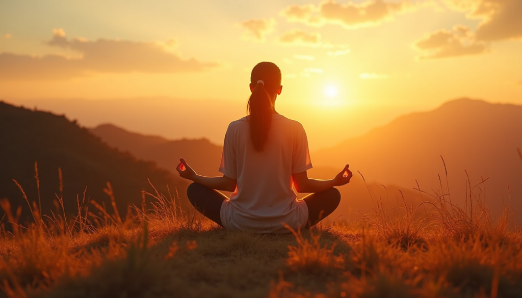 Person meditating on hilltop at sunrise with soft morning light