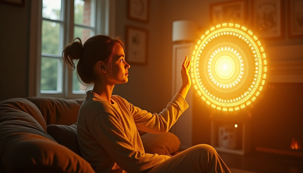 Person sitting calmly imagining a golden energy shield around body.