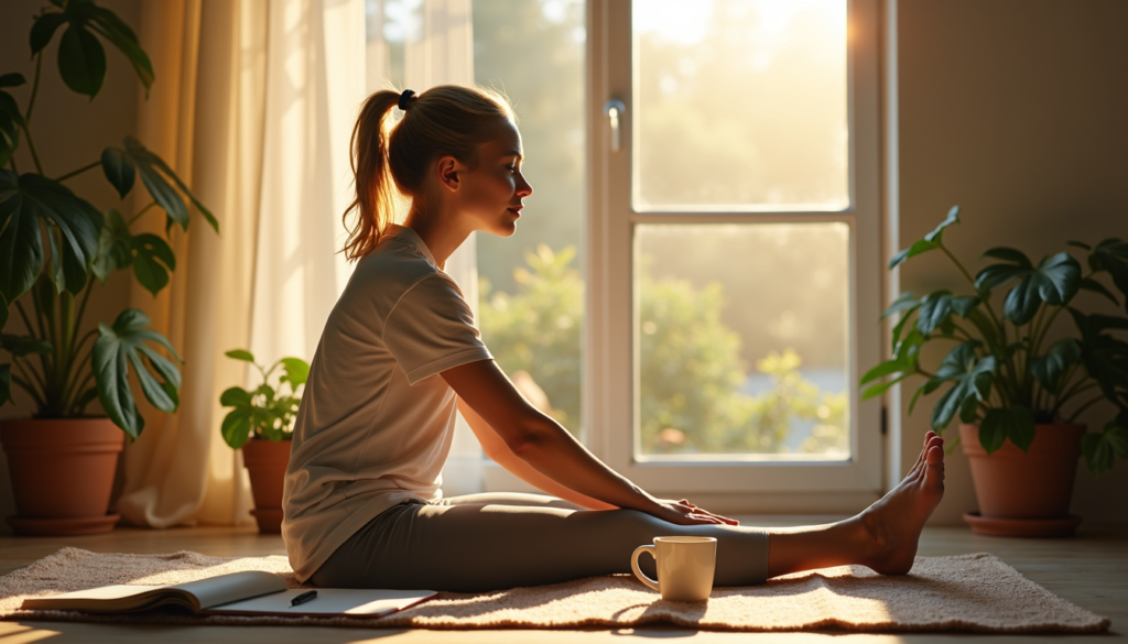 Person stretching by window in warm sunlight with coffee nearby