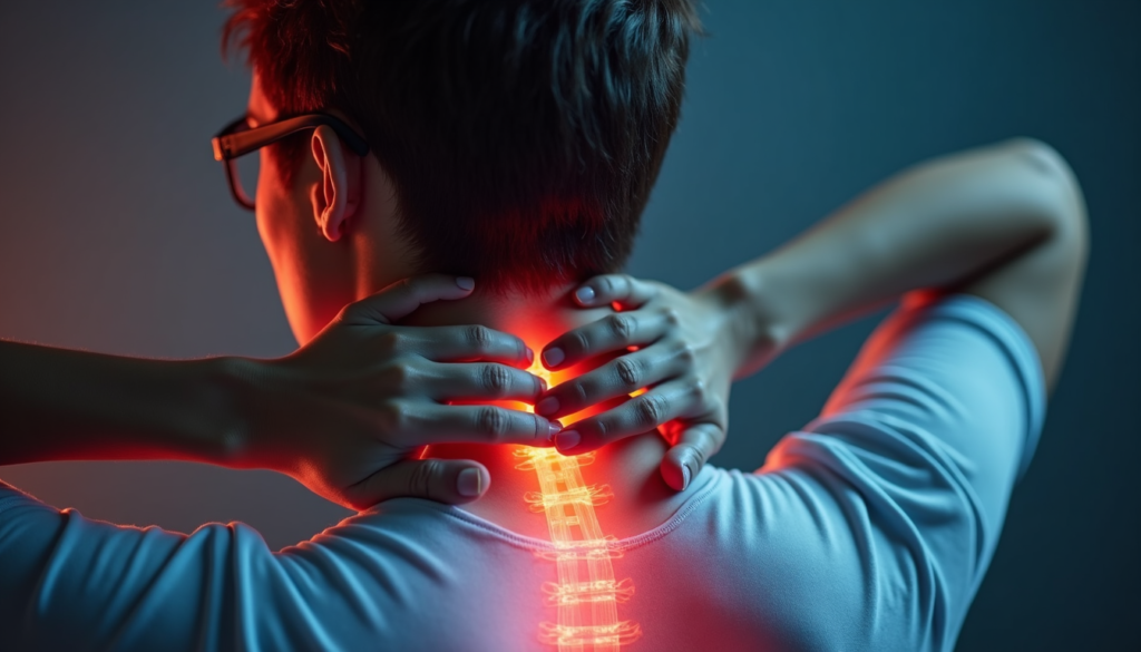 Person holding tense shoulders representing emotional stress turning physical