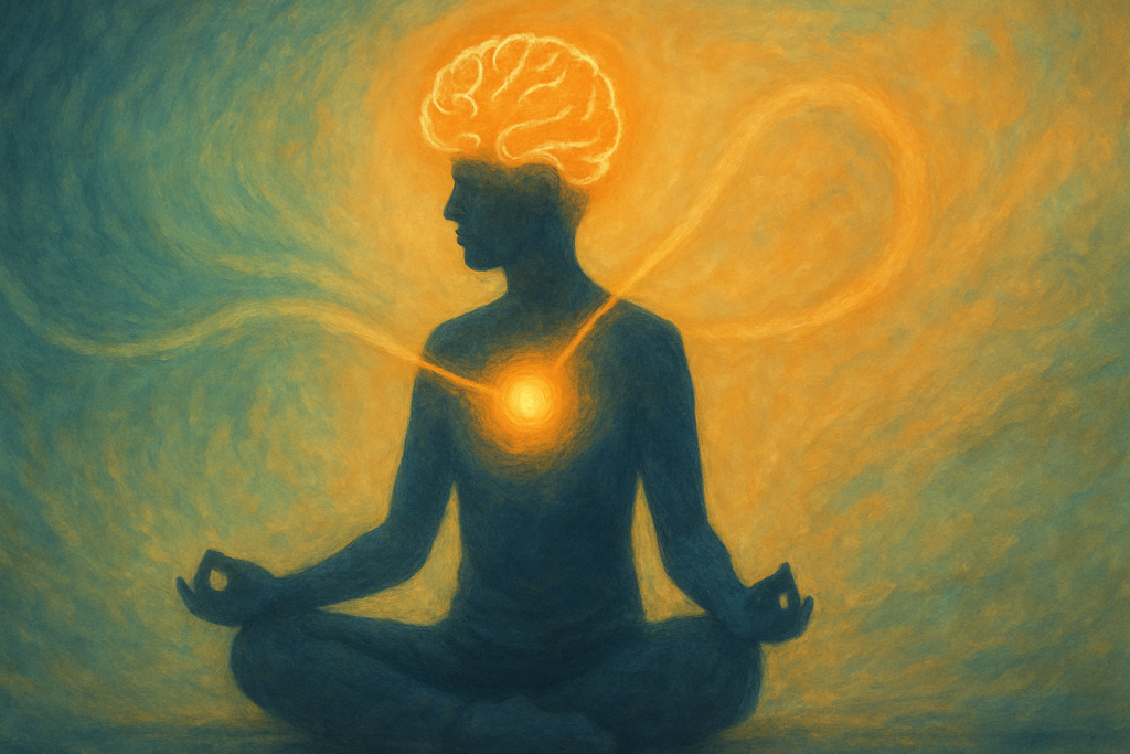 A calm person meditating with soft energy waves flowing between their mind and body, symbolizing inner healing and balance