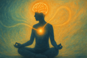 A calm person meditating with soft energy waves flowing between their mind and body, symbolizing inner healing and balance