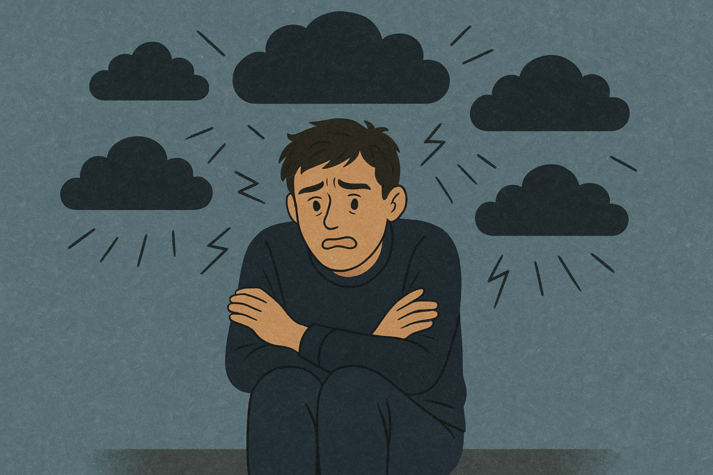 A young man sits with arms crossed, surrounded by storm clouds — symbolizing the emotional weight of untreated anxiety