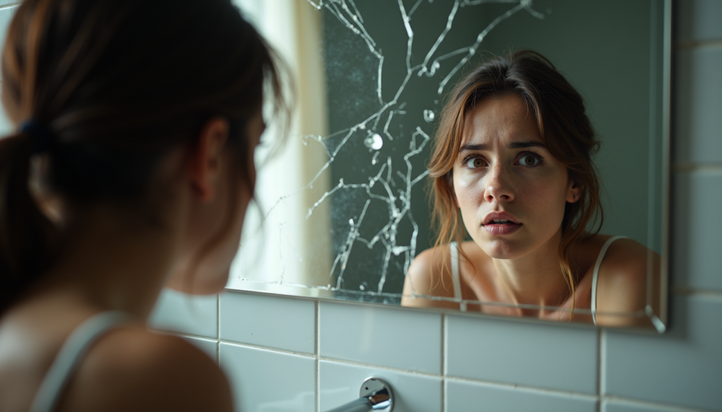 Person looking at fragmented mirror reflection representing mental health deterioration from anxiety