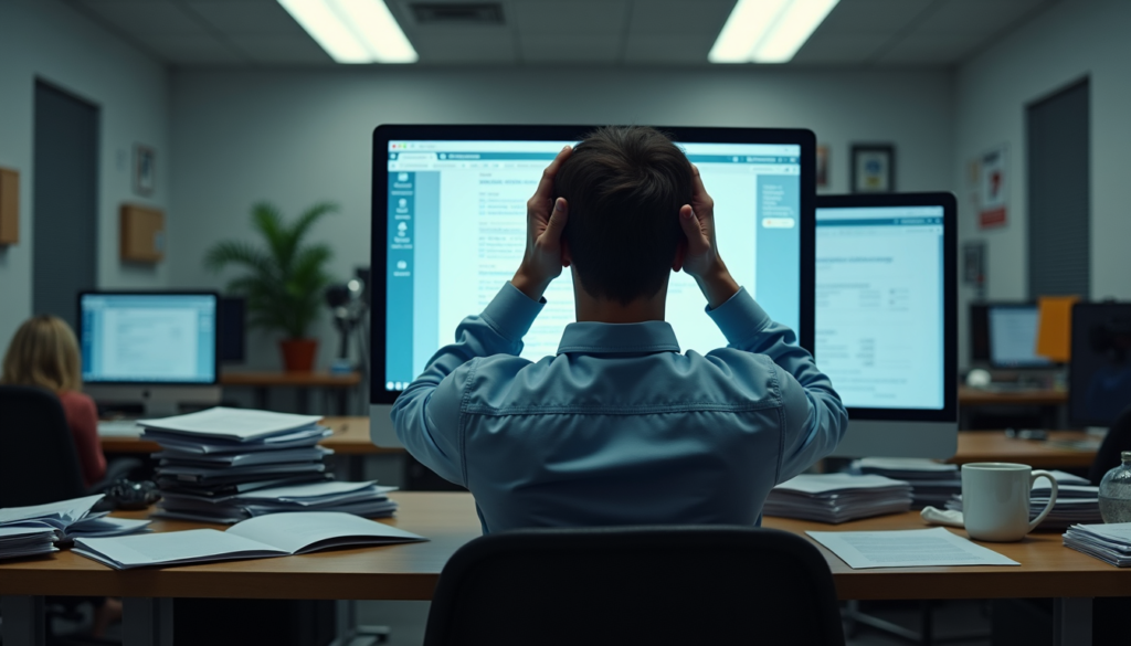 Overwhelmed worker at cluttered desk representing anxiety's impact on work performance and productivity