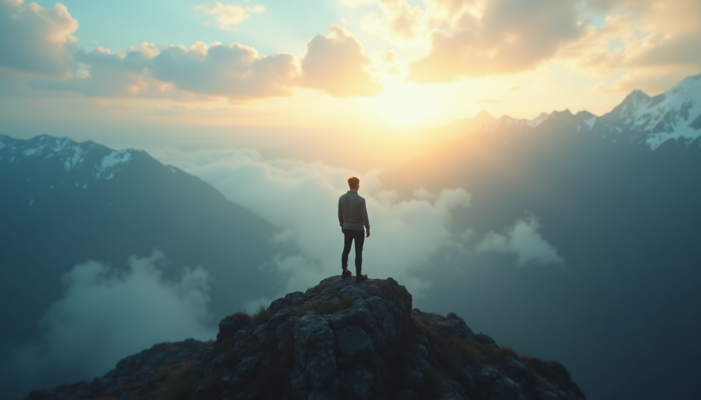 A person standing alone on a mountaintop at sunrise, sharply in focus while the background is blurred, symbolizing clarity amidst chaos