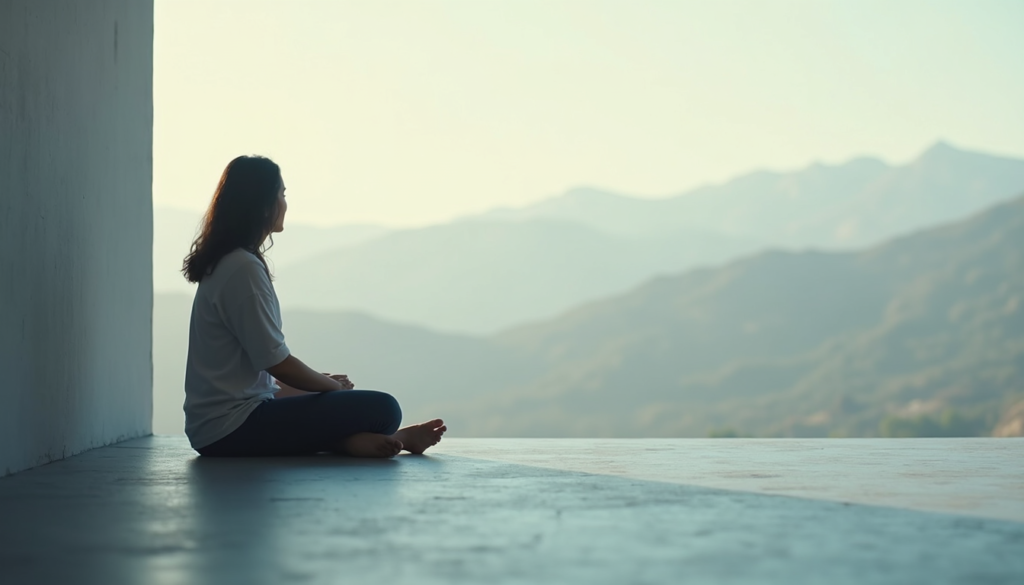 A person sitting quietly in natural light, reflecting with calm awareness in a minimalist, cinematic setting.