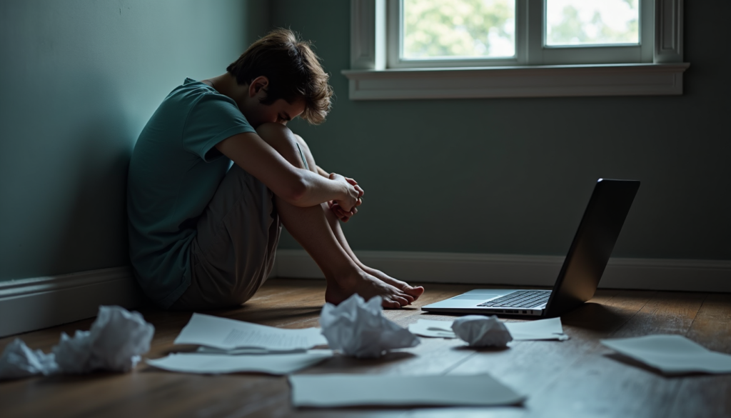 Person sitting defeated on floor surrounded by crumpled papers representing giving up and loss of motivation