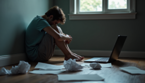 Person sitting defeated on floor surrounded by crumpled papers representing giving up and loss of motivation