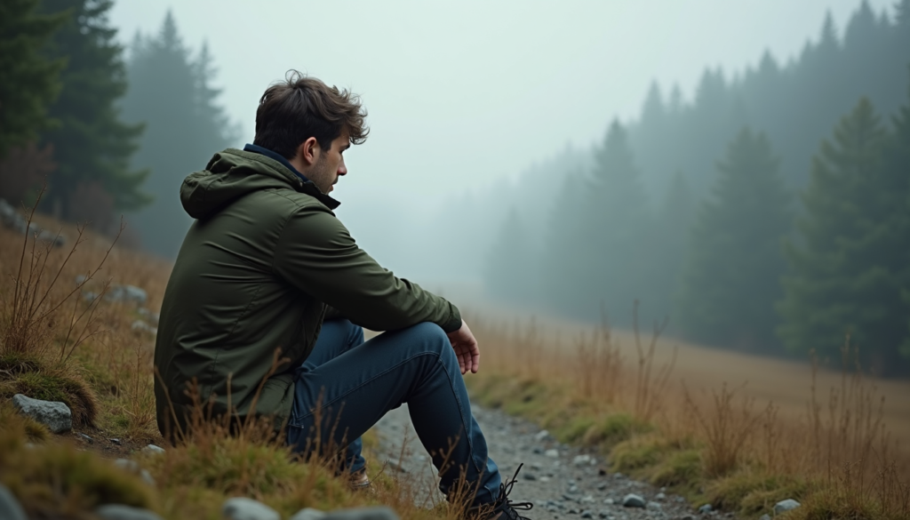 A person sitting alone on a quiet trail in soft natural light, deep in thought, capturing a moment of reflection between giving up and trying again.