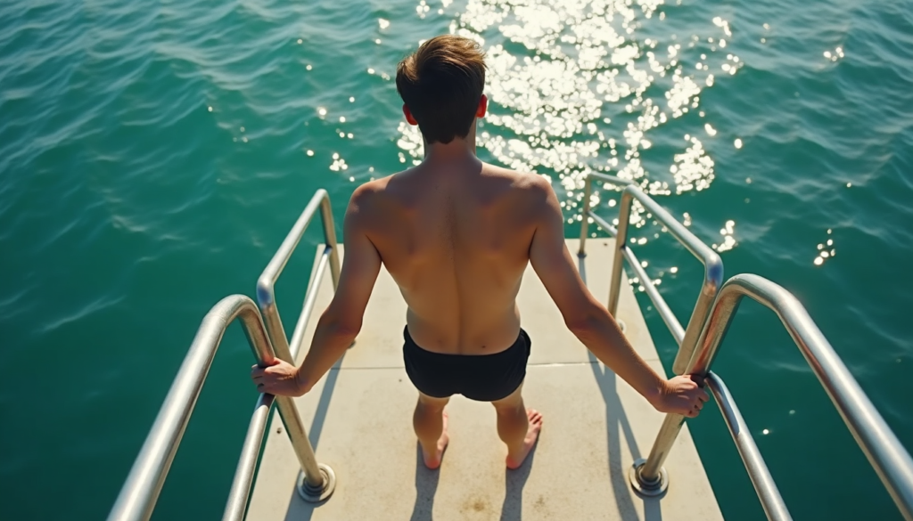 Person on high diving board looking down hesitantly representing fear of failure and taking risks